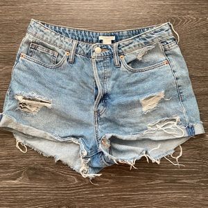 High wasted, distressed denim shorts
